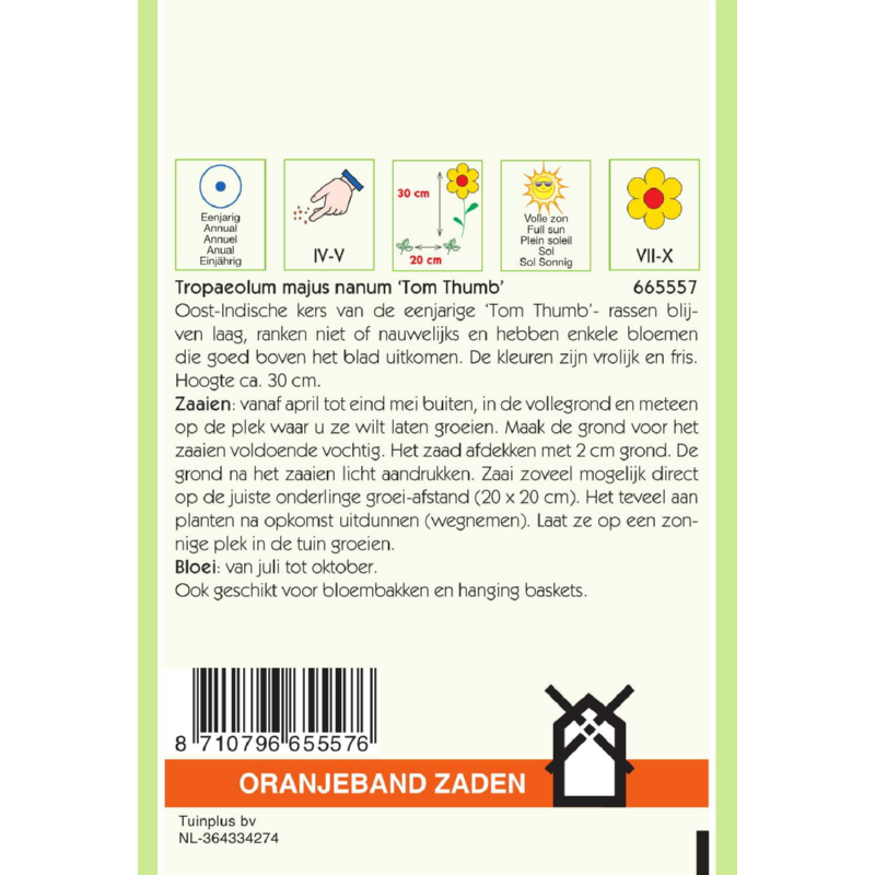 OBZ Tropaeolum, Oost-Indische kers Tom Thumb enkelbl.gemengd