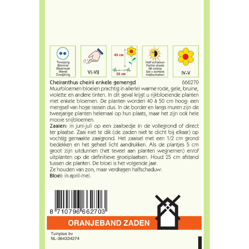 OBZ Cheiranthus, Muurbloem enkelbloemig gemengd