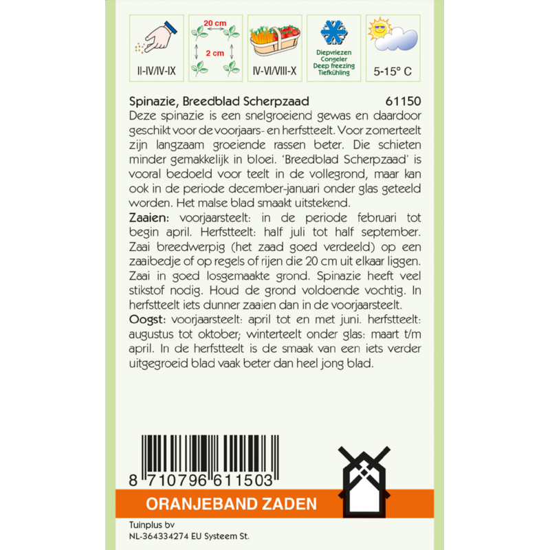 Oranjeband® Spinach Breedblad Scherpzaad, 250g